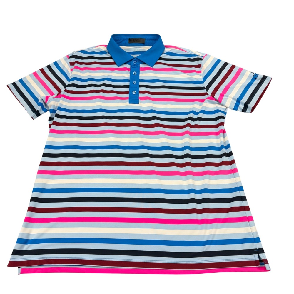 G/FORE Mens Stripe Performance Golf Polo Shirt Blue Pink Multi Color Logo Size M